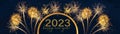 2023 Happy New Year holiday Greeting Card banner panorama - Golden semicircle with text and firework fireworks pyrotechnics on Royalty Free Stock Photo