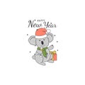 Happy New Year. Holiday postcard with koala, snowflakes, gift and champagne.