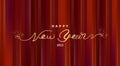 Happy New Year holiday poster with lettering on red curtain. Vector theatrical scene for greeting. Holiday Christmas Royalty Free Stock Photo