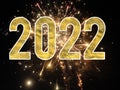 Happy New Year 2022 With Fireworks, Golden Glitter Text And Night Sky Background. Royalty Free Stock Photo