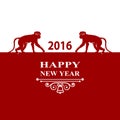 Happy New Year holidays 2016 Decorations Card. Silhouette monkey on red white background. Greeting card, invitation, brochure, fly Royalty Free Stock Photo