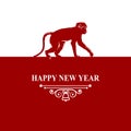 Happy New Year holidays wish Decorations Card. Silhouette monkey on red white background. Greeting card, invitation, brochure, fly Royalty Free Stock Photo