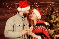 Happy new year. Home party. Festive atmosphere. Make christmas wish. Couple in love christmas holiday celebration Royalty Free Stock Photo