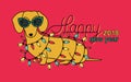 Happy New Year 2018, horizontal greeting card. Chinese year of yellow Dog. Congratulation with funny dachshund in Royalty Free Stock Photo