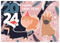 Happy New Year 2024 horizontal poster with cute dogs, text, and winter elements.