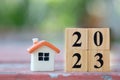 Happy new year 2023. House model with 2023 wooden blocks number. Royalty Free Stock Photo