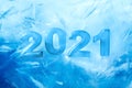 2021 happy new year ice text on blue frozen background, 3d render