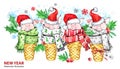 2019 Happy New Year illustration. Christmas border. Cute pigs with Santa hat in waffle cones. Greeting watercolor