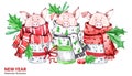 2019 Happy New Year illustration. Christmas border. 3 Cute pigs in winter scarves. Greeting watercolor cakes. Symbol of Royalty Free Stock Photo