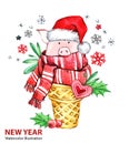 2019 Happy New Year illustration. Christmas. Cute pig with Santa hat in waffle cone. Greeting watercolor dessert. Symbol Royalty Free Stock Photo