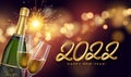 Happy new year 2022 illustration with golden realistic number 2022, glasses of champagne and fireworks sparks. Gold Royalty Free Stock Photo