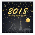 Happy New Year 2018 .Illustration of Japan Landmarks .Gold and