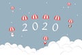 Happy new year 2020 illustration in paper art style with santa claus, snowman, penguin, and gifts using parachute falling in the s