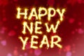 Happy New Year inscription on a background on a red toned background of from flashes of sparklers, candies from sparks. Festive