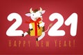 Happy New Year. 2021. New Year 2021. The inscription of the year with a bull instead of a zero spotted bull with a gift. Royalty Free Stock Photo