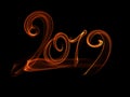 Happy new year 2019 isolated numbers lettering written with white fire flame or smoke on black background Royalty Free Stock Photo