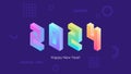2024 Happy New Year isometric text design with trendy bright neon gradients for holiday greetings and invitations.