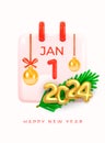 Happy New Year, January 1, 2024. 1st day of New Year. Daily calendar with date January 1, 2024, gold, red numbers, Christmas balls