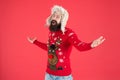 Happy new year. Join holiday party craze and host Ugly Christmas Sweater Party. Winter party outfit. Invitation ugly