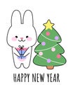 Happy new year. Kawaii rabbit with gift and christmas tree. Bunny is a symbol of the year 2023 according to the Chinese