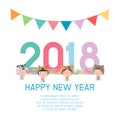 Happy New Year 2018 kids background, happy child with Happy new year 2018, dog`s,Colorful Vector Illustration Royalty Free Stock Photo