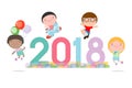 Happy New Year 2018 kids background, happy child with Happy new year 2018, dog`s,Colorful Vector Illustration. Royalty Free Stock Photo