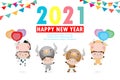 Happy New Year 2021 kids background, cute kids wearing cow animal costumes isolated on background, Little children in their ox