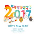 Happy New Year 2017 kids background, happy child with Happy new year 2017, rooster, Colorful Vector Illustration. Royalty Free Stock Photo