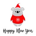 Happy New Year. Koala in red Santa hat, ugly sweater. Merry christmas. Kawaii animal. Cute cartoon bear baby character. Funny face