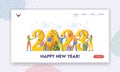 Happy New Year Landing Page Template. People Prepare for Celebration Decorate Huge Numbers 2023 with Garlands