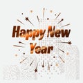 Happy New Year letter modern style background. january 1 holiday background with building and splashing fireworks for celebrating