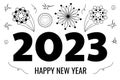 Happy New Year 2023 Lettering with Burst Fireworks. Royalty Free Stock Photo