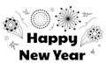 Happy New Year Lettering with Burst Fireworks. Royalty Free Stock Photo