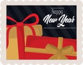 Happy new year 2021, lettering and gift boxes, postage stamp icon Royalty Free Stock Photo