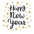 Happy new year. Lettering. Hand drawn Inscription. Black inscription and stars with golden glitter isolated on white background Royalty Free Stock Photo