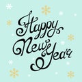 Happy New Year lettering, handmade calligraphy. Holiday vector Illustration. Black letters on gentle blue background