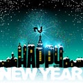 Happy New Year lettering. Letters like the silhouette of the ancient city. Weather vane rooster symbol in the night sky Royalty Free Stock Photo