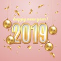 2019 happy new year lettering luxury premium light bulb text template with golden confetti and christmas ball in pink Royalty Free Stock Photo