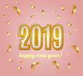 2019 happy new year lettering luxury premium light bulb text template with golden confetti in pink elegant background
