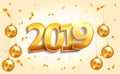 2019 Happy new Year lettering luxury premium light template with golden Christmas ball in sparkling background. Happy New Year