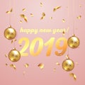 2019 happy new year lettering luxury premium light text template with golden confetti and christmas ball in pink elegant Royalty Free Stock Photo