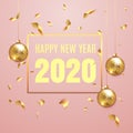 2020 happy new year lettering luxury premium text template with golden confetti and Christmas ball in pink elegant background. Royalty Free Stock Photo