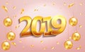 2019 happy new year lettering luxury premium text template with golden confetti and christmas ball in pink elegant Royalty Free Stock Photo