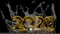 Happy New Year 2020 lettering made by gold wire structure and water splash around it. Isolated on black background. 3d