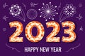 2023 Happy New Year Lettering made of Jewel with Burst Fireworks. Royalty Free Stock Photo