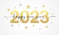 Happy New Year 2023 lettering script and golden glitter of stars