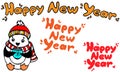 Happy New Year lettering in 3 variations plus cute little penguin illustration. Vector design for greeting cards, seasonal ads