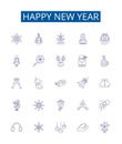 Happy new year line icons signs set. Design collection of Glad, Joyous, Cheerful, Merry, Festive, Blessing, Jubilant