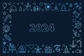 Happy New 2024 Year linear blue banner - vector Xmas horizontal creative illustration