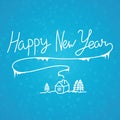 Happy New Year linear calligraphy hand drawn inscription on blue